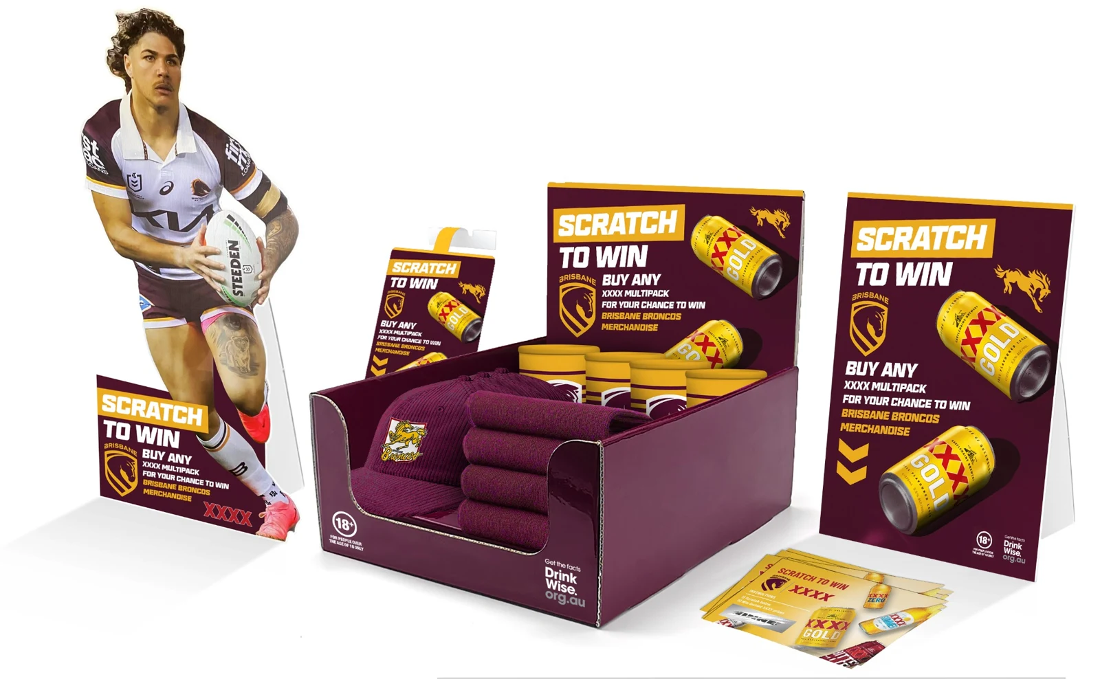 Broncos × XXXX competition collage with player standee, merchandise prize display, promotional signage and entry cards